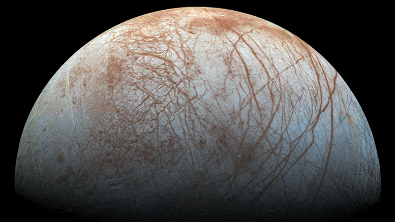 Oberfläche von Jupiters Mond Europa, der von kleinen Auswirkungen aufgeworfen wird 